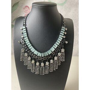 Statement Necklace With Mint Green & Rhinestone Tassels Black Metal Chain